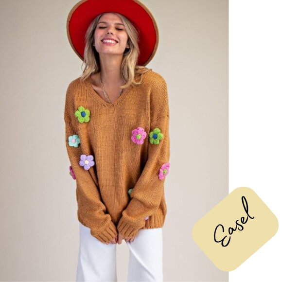 🌸🪶☮️Easel Daisy Flower Appliqué Knit Sweater Pullover NWT - Picture 1 of 7